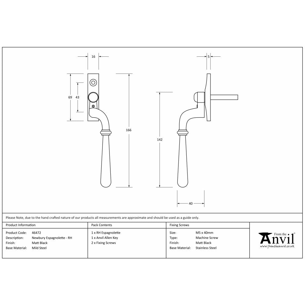 This is an image showing From The Anvil - Matt Black Newbury Espag - RH available from T.H Wiggans Architectural Ironmongery in Kendal, quick delivery and discounted prices