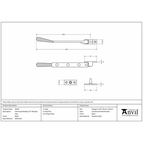 This is an image showing From The Anvil - Black 8" Hammered Newbury Stay available from T.H Wiggans Architectural Ironmongery in Kendal, quick delivery and discounted prices