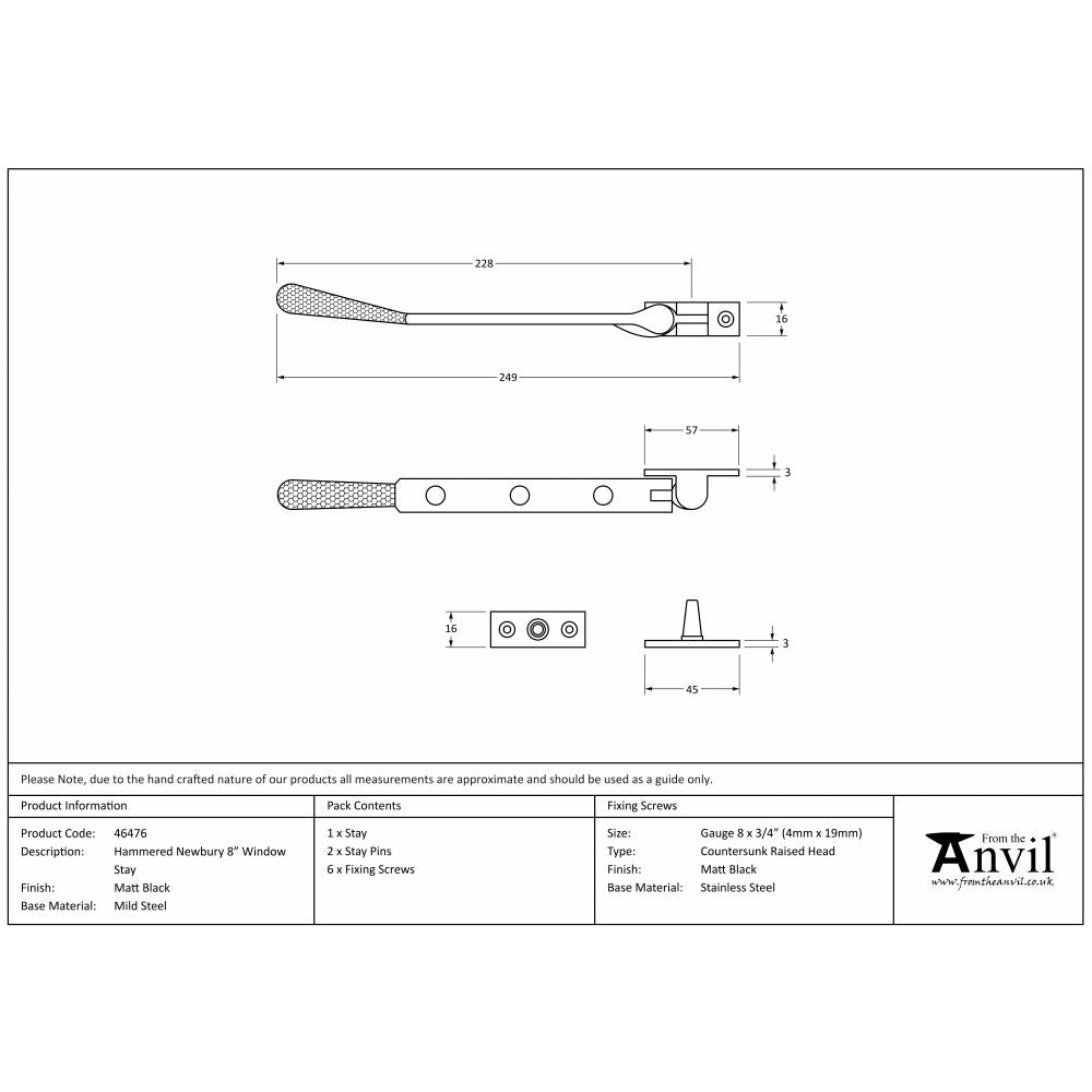 This is an image showing From The Anvil - Matt Black 8" Hammered Newbury Stay available from T.H Wiggans Architectural Ironmongery in Kendal, quick delivery and discounted prices