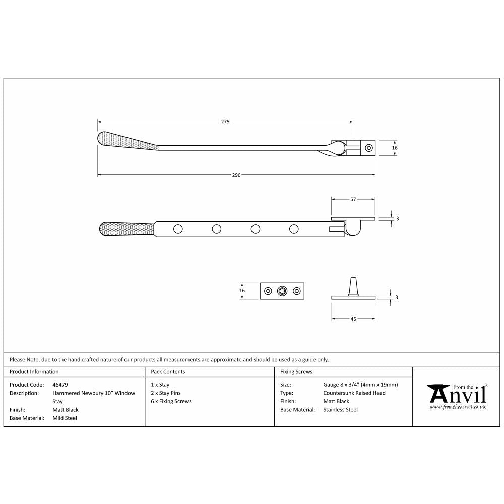 This is an image showing From The Anvil - Matt Black 10" Hammered Newbury Stay available from T.H Wiggans Architectural Ironmongery in Kendal, quick delivery and discounted prices