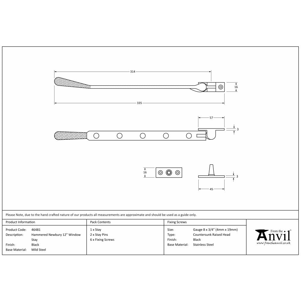 This is an image showing From The Anvil - Black 12" Hammered Newbury Stay available from T.H Wiggans Architectural Ironmongery in Kendal, quick delivery and discounted prices