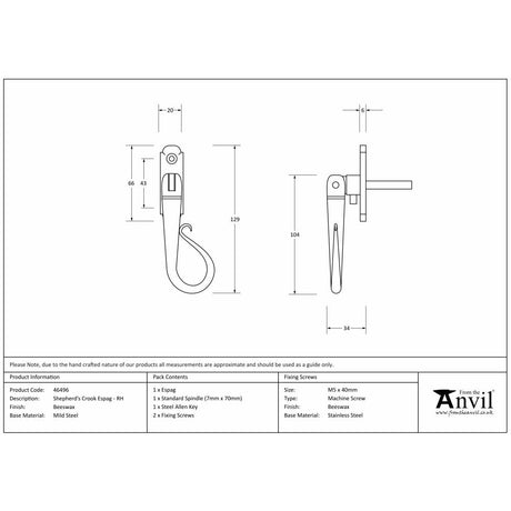 This is an image showing From The Anvil - Beeswax Shepherd's Crook Espag - RH available from T.H Wiggans Architectural Ironmongery in Kendal, quick delivery and discounted prices