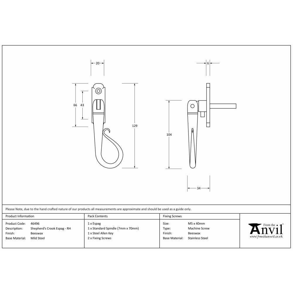 This is an image showing From The Anvil - Beeswax Shepherd's Crook Espag - RH available from T.H Wiggans Architectural Ironmongery in Kendal, quick delivery and discounted prices