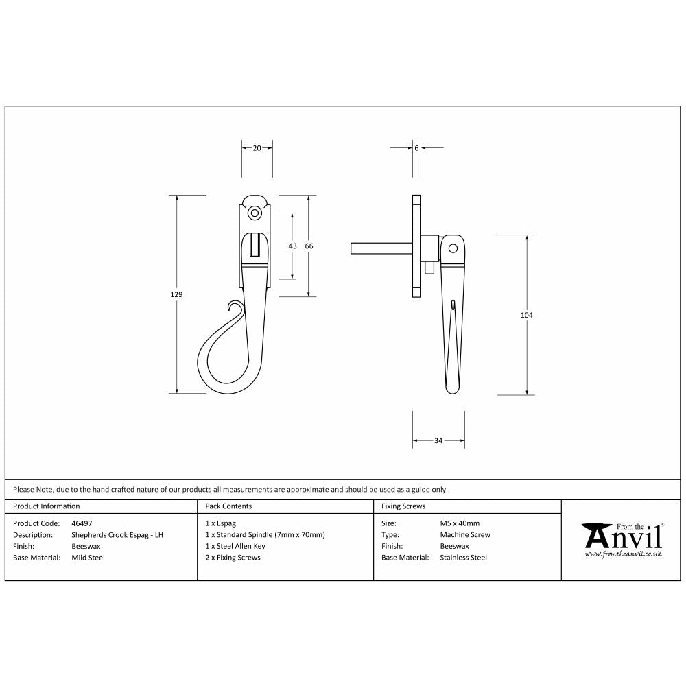 This is an image showing From The Anvil - Beeswax Shepherd's Crook Espag - LH available from T.H Wiggans Architectural Ironmongery in Kendal, quick delivery and discounted prices