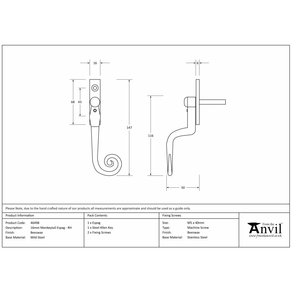 This is an image showing From The Anvil - Beeswax 16mm Monkeytail Espag - RH available from T.H Wiggans Architectural Ironmongery in Kendal, quick delivery and discounted prices