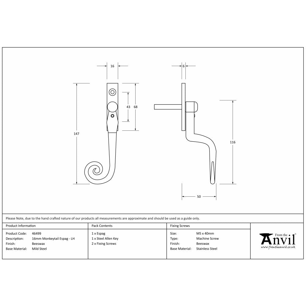 This is an image showing From The Anvil - Beeswax 16mm Monkeytail Espag - LH available from T.H Wiggans Architectural Ironmongery in Kendal, quick delivery and discounted prices