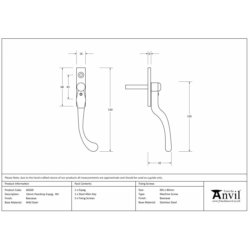 This is an image showing From The Anvil - Beeswax 16mm Peardrop Espag - RH available from T.H Wiggans Architectural Ironmongery in Kendal, quick delivery and discounted prices