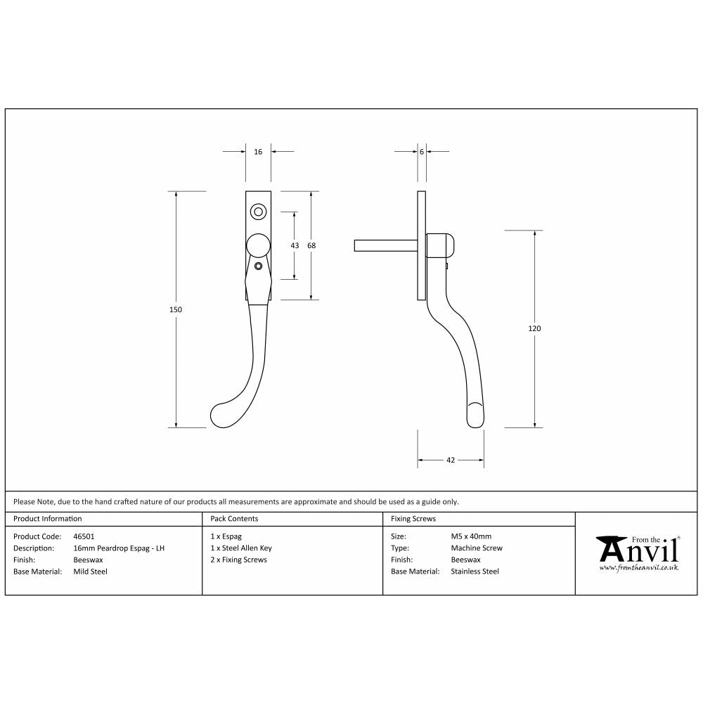 This is an image showing From The Anvil - Beeswax 16mm Peardrop Espag - LH available from T.H Wiggans Architectural Ironmongery in Kendal, quick delivery and discounted prices