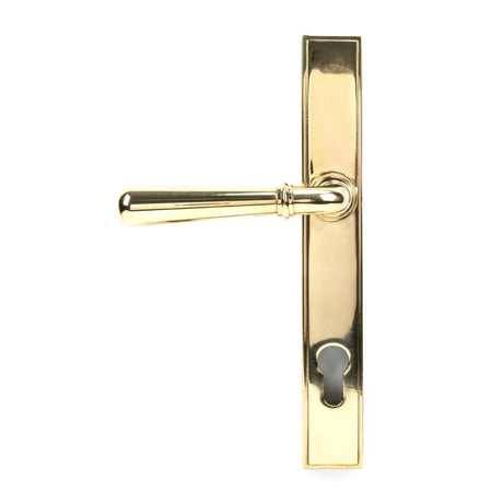 This is an image showing From The Anvil - Polished Brass Newbury Slimline Lever Espag. Lock Set available from trade door handles, quick delivery and discounted prices