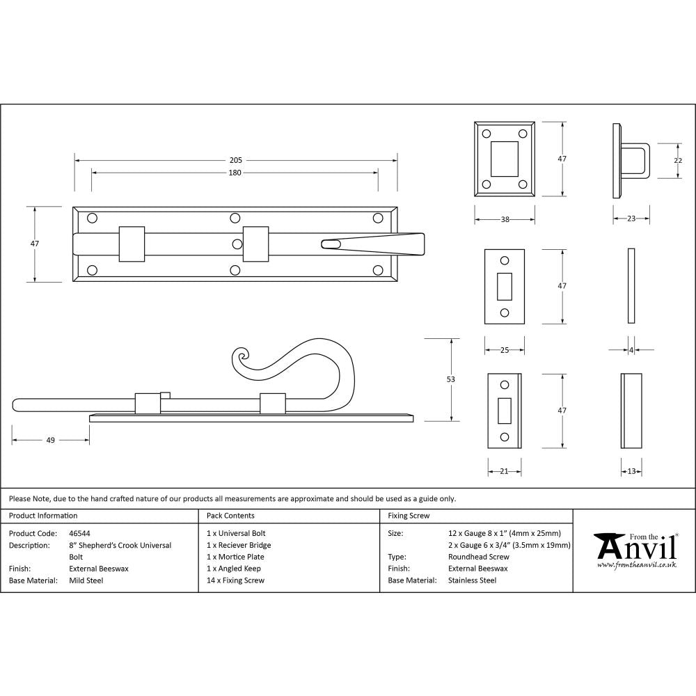 This is an image showing From The Anvil - External Beeswax 8" Shepherd's Crook Universal Bolt available from trade door handles, quick delivery and discounted prices