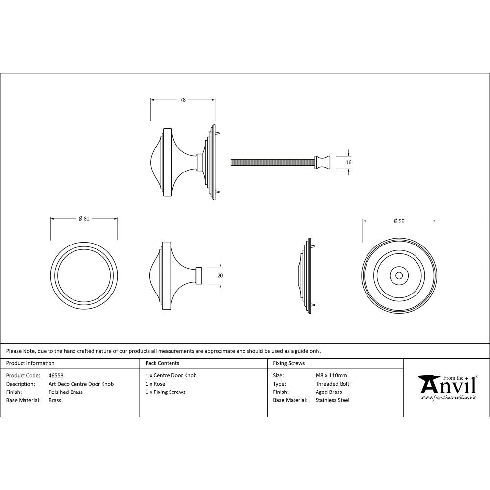 This is an image showing From The Anvil - Polished Brass Art Deco Centre Door Knob available from trade door handles, quick delivery and discounted prices