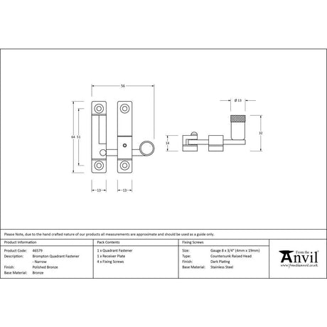 This is an image showing From The Anvil - Polished Bronze Brompton Quadrant Fastener - Narrow available from T.H Wiggans Architectural Ironmongery in Kendal, quick delivery and discounted prices