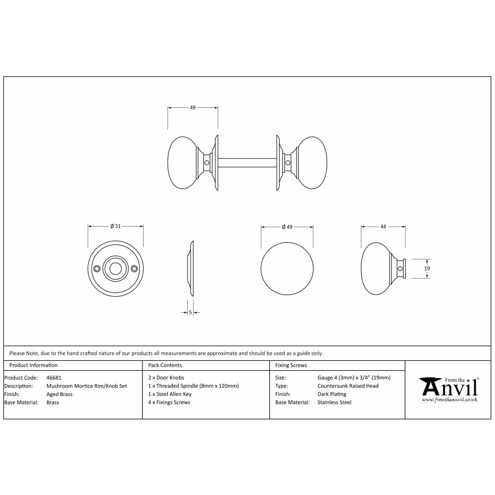 This is an image showing From The Anvil - Aged Brass Mushroom Mortice/Rim Knob Set available from trade door handles, quick delivery and discounted prices