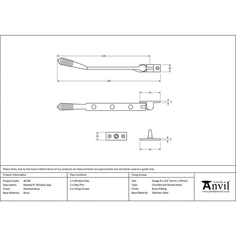 This is an image showing From The Anvil - Polished Brass 8" Reeded Stay available from T.H Wiggans Architectural Ironmongery in Kendal, quick delivery and discounted prices