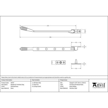 This is an image showing From The Anvil - Polished Brass 10" Reeded Stay available from T.H Wiggans Architectural Ironmongery in Kendal, quick delivery and discounted prices