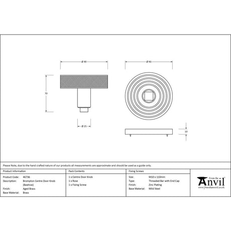 This is an image showing From The Anvil - Aged Brass Brompton Centre Door Knob (Beehive) available from trade door handles, quick delivery and discounted prices