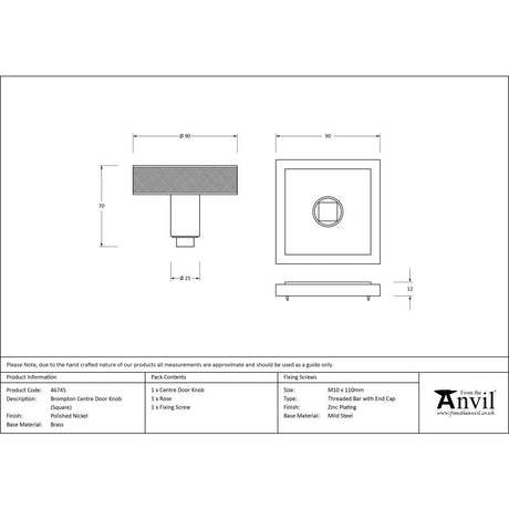 This is an image showing From The Anvil - Polished Nickel Brompton Centre Door Knob (Square) available from trade door handles, quick delivery and discounted prices