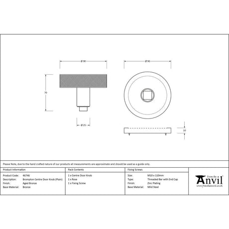 This is an image showing From The Anvil - Aged Bronze Brompton Centre Door Knob (Plain) available from trade door handles, quick delivery and discounted prices