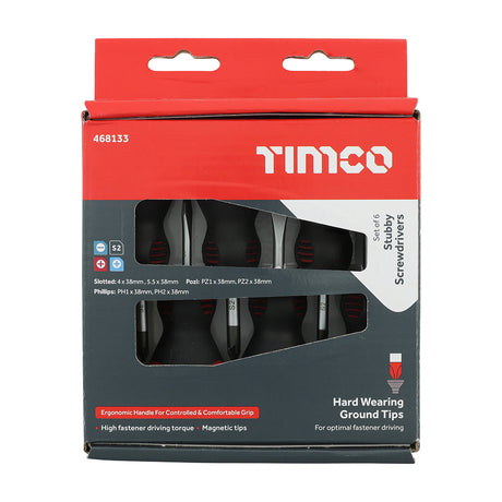This is an image showing TIMCO Stubby Screwdriver Set - 6pcs - 6 Pieces Box available from T.H Wiggans Ironmongery in Kendal, quick delivery at discounted prices.