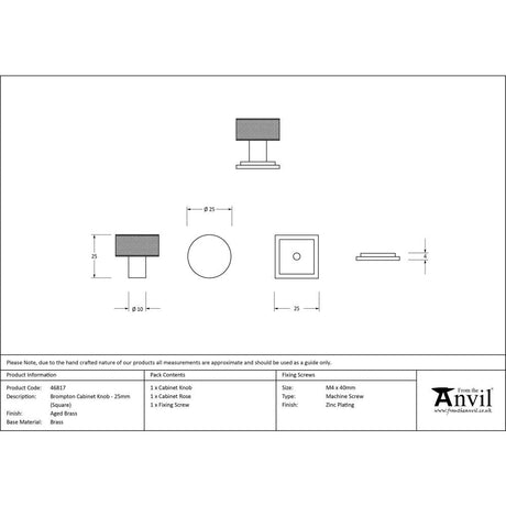 This is an image showing From The Anvil - Aged Brass Brompton Cabinet Knob - 25mm (Square) available from trade door handles, quick delivery and discounted prices
