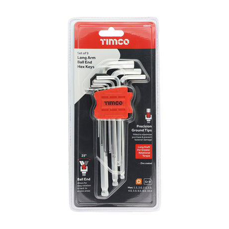 This is an image showing TIMCO Long Arm Ball End Hex Key Set - 9pcs - 9 Pieces Blister Pack available from T.H Wiggans Ironmongery in Kendal, quick delivery at discounted prices.