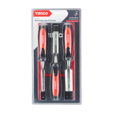 This is an image showing TIMCO Bevel Edge Wood Chisel Set - 3pcs - 3 Pieces Blister Pack available from T.H Wiggans Ironmongery in Kendal, quick delivery at discounted prices.