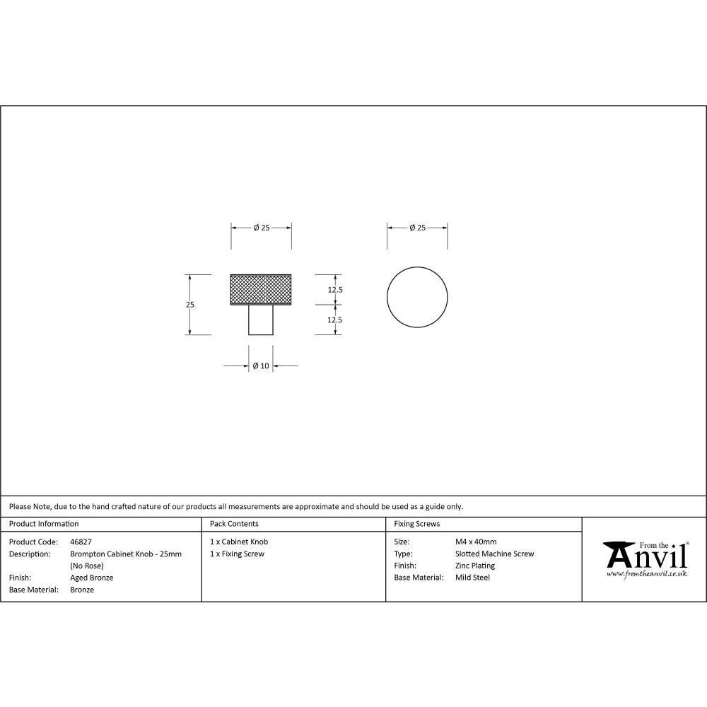 This is an image showing From The Anvil - Aged Bronze Brompton Cabinet Knob - 25mm (No rose) available from trade door handles, quick delivery and discounted prices