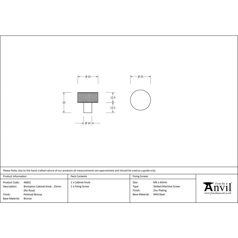 This is an image showing From The Anvil - Polished Bronze Brompton Cabinet Knob - 25mm (No rose) available from trade door handles, quick delivery and discounted prices