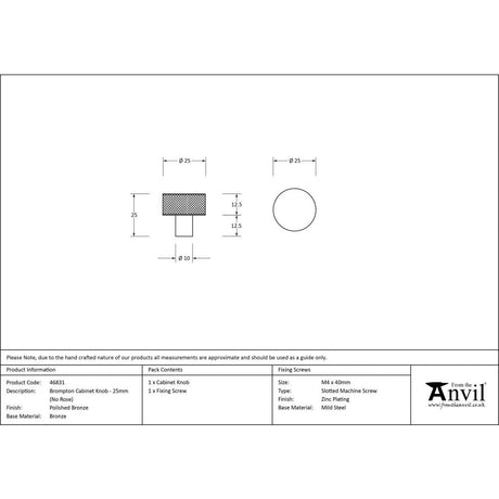 This is an image showing From The Anvil - Polished Bronze Brompton Cabinet Knob - 25mm (No rose) available from trade door handles, quick delivery and discounted prices