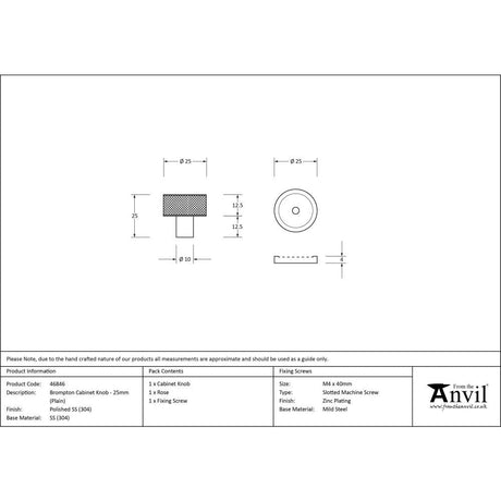 This is an image showing From The Anvil - Polished SS (304) Brompton Cabinet Knob - 25mm (Plain) available from trade door handles, quick delivery and discounted prices