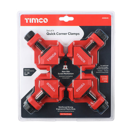 This is an image showing TIMCO Quick Corner Clamp Set - 4pcs - 4 Pieces Blister Pack available from T.H Wiggans Ironmongery in Kendal, quick delivery at discounted prices.