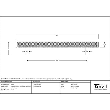 This is an image showing From The Anvil - Aged Brass Full Brompton Pull Handle - Medium available from trade door handles, quick delivery and discounted prices