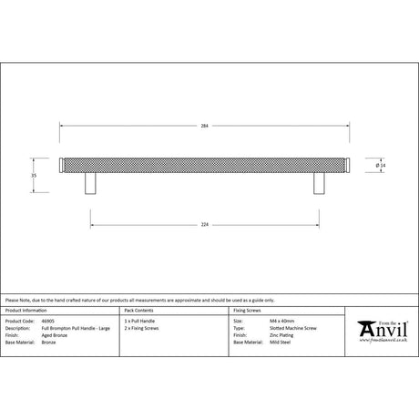 This is an image showing From The Anvil - Aged Bronze Full Brompton Pull Handle - Large available from trade door handles, quick delivery and discounted prices