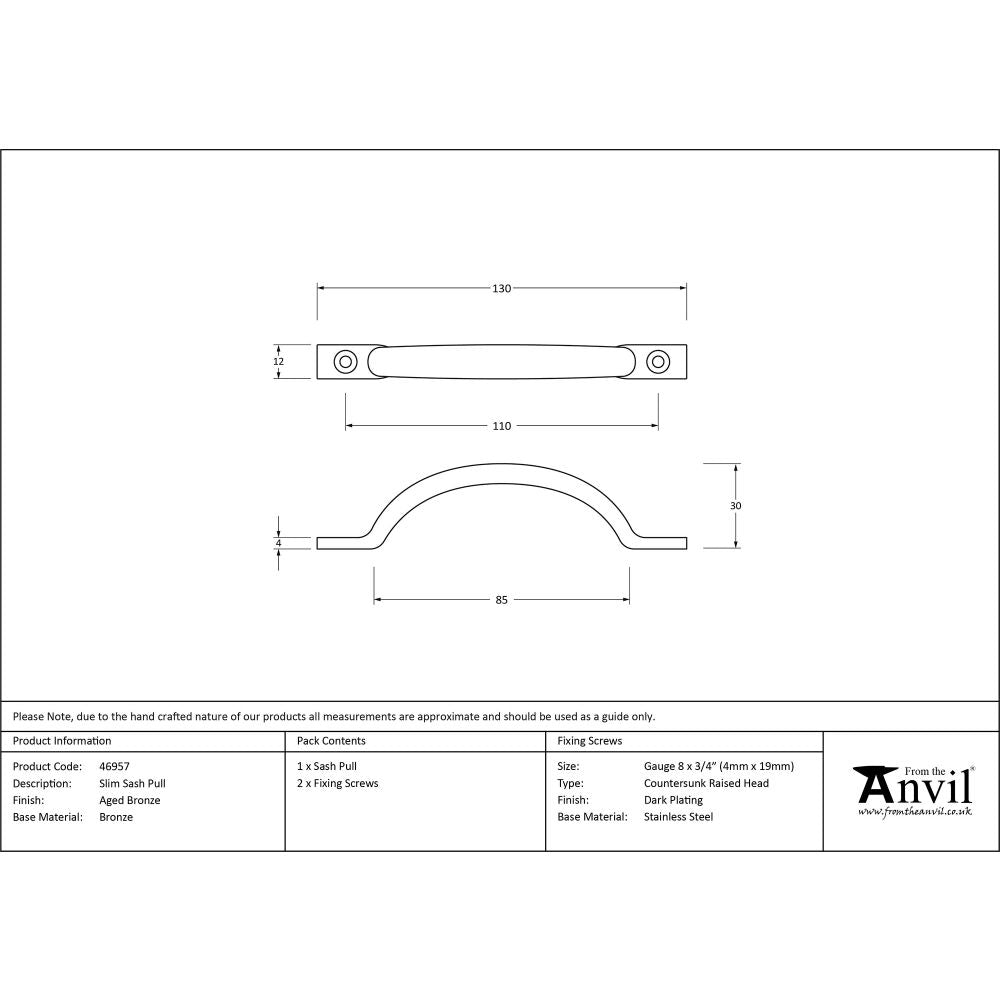 This is an image showing From The Anvil - Aged Bronze Slim Sash Pull available from T.H Wiggans Architectural Ironmongery in Kendal, quick delivery and discounted prices