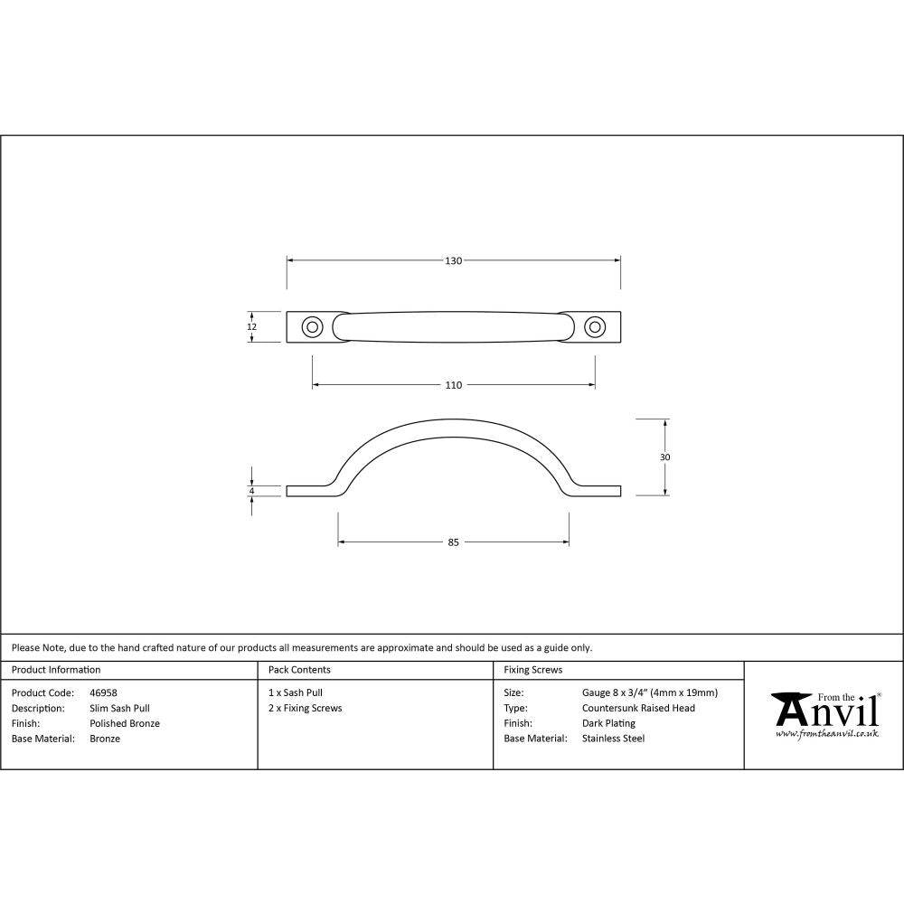 This is an image showing From The Anvil - Polished Bronze Slim Sash Pull available from T.H Wiggans Architectural Ironmongery in Kendal, quick delivery and discounted prices