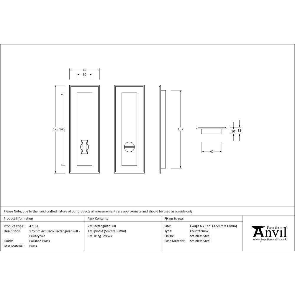 This is an image showing From The Anvil - Polished Brass 175mm Art Deco Rectangular Pull - Privacy Set available from trade door handles, quick delivery and discounted prices