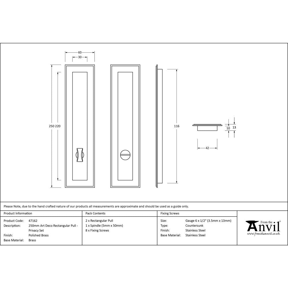 This is an image showing From The Anvil - Polished Brass 250mm Art Deco Rectangular Pull - Privacy Set available from trade door handles, quick delivery and discounted prices