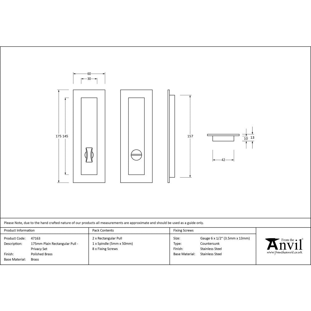 This is an image showing From The Anvil - Polished Brass 175mm Plain Rectangular Pull - Privacy Set available from trade door handles, quick delivery and discounted prices