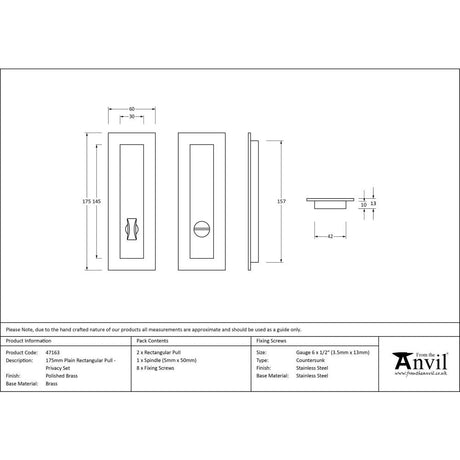 This is an image showing From The Anvil - Polished Brass 175mm Plain Rectangular Pull - Privacy Set available from trade door handles, quick delivery and discounted prices