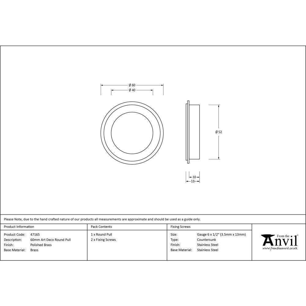 This is an image showing From The Anvil - Polished Brass 60mm Art Deco Round Pull available from trade door handles, quick delivery and discounted prices