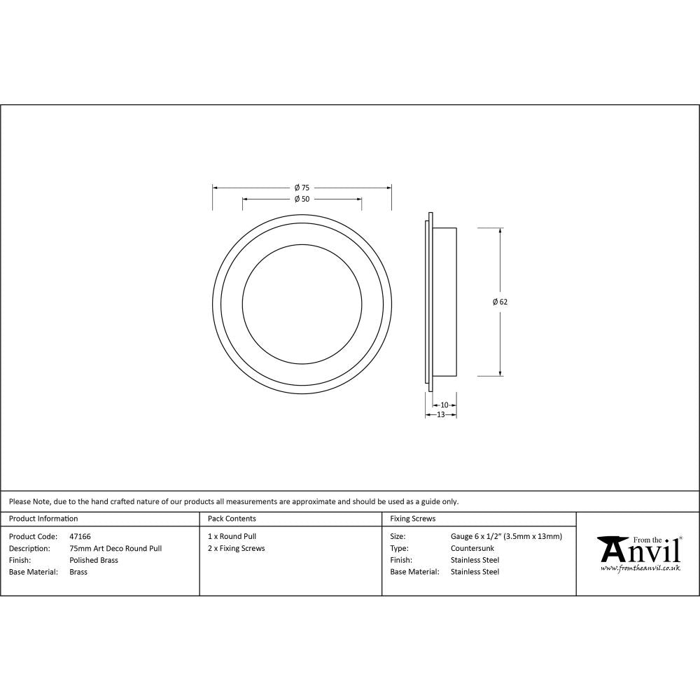 This is an image showing From The Anvil - Polished Brass 75mm Art Deco Round Pull available from trade door handles, quick delivery and discounted prices