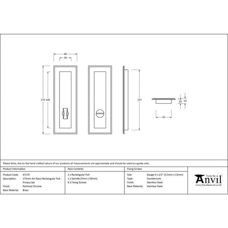 This is an image showing From The Anvil - Polished Chrome 175mm Art Deco Rectangular Pull -Privacy Set available from trade door handles, quick delivery and discounted prices