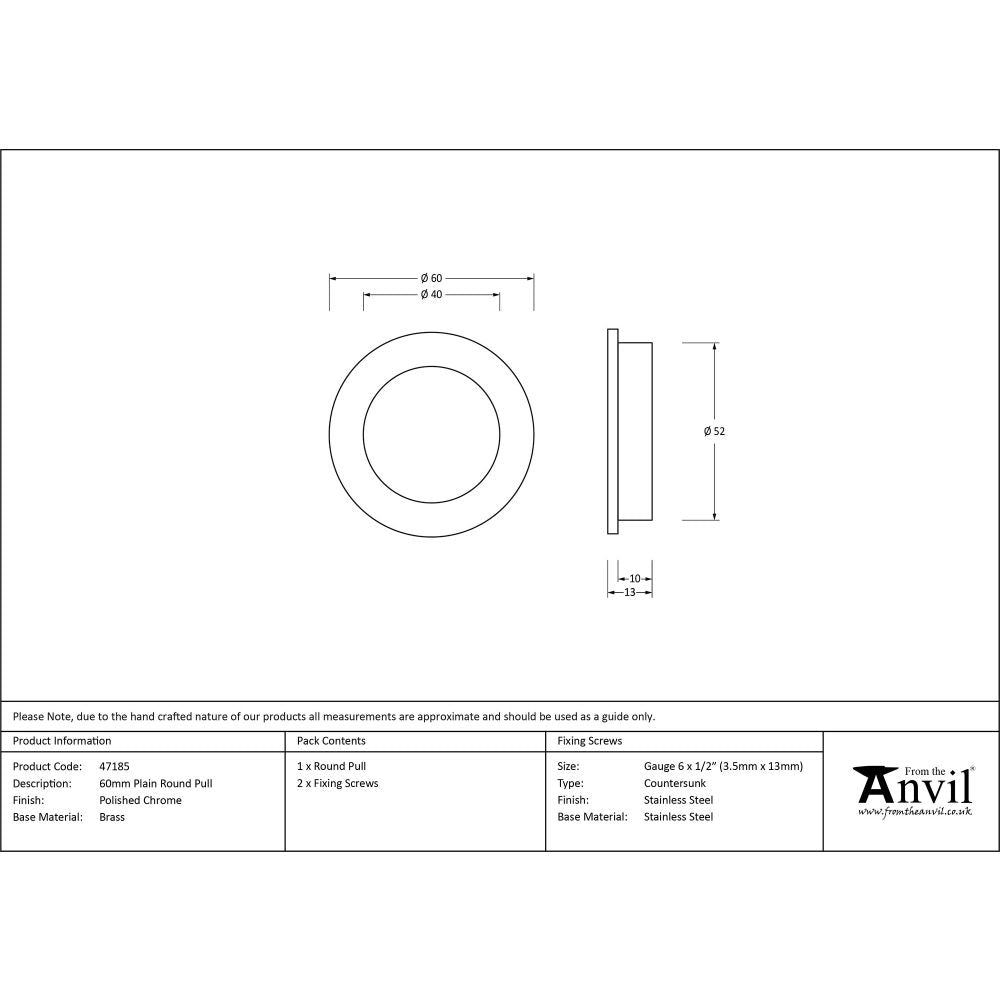 This is an image showing From The Anvil - Polished Chrome 60mm Plain Round Pull available from trade door handles, quick delivery and discounted prices