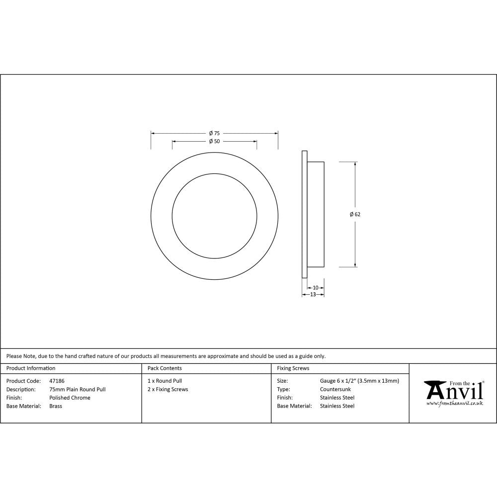 This is an image showing From The Anvil - Polished Chrome 75mm Plain Round Pull available from trade door handles, quick delivery and discounted prices