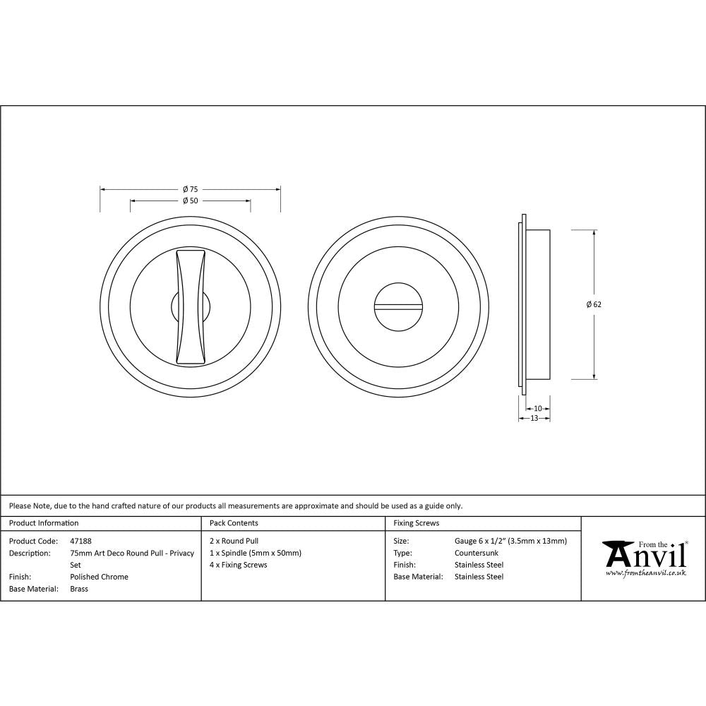 This is an image showing From The Anvil - Polished Chrome 75mm Art Deco Round Pull - Privacy Set available from trade door handles, quick delivery and discounted prices