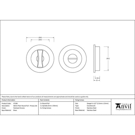 This is an image showing From The Anvil - Polished Chrome 60mm Plain Round Pull - Privacy Set available from trade door handles, quick delivery and discounted prices