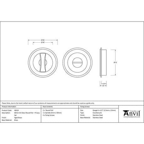 This is an image showing From The Anvil - Aged Brass 60mm Art Deco Round Pull - Privacy Set available from trade door handles, quick delivery and discounted prices