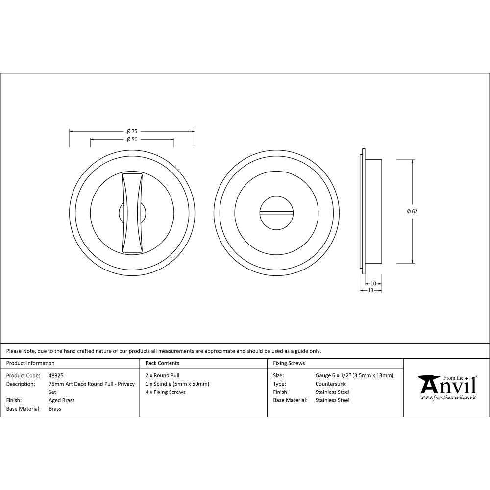 This is an image showing From The Anvil - Aged Brass 75mm Art Deco Round Pull - Privacy Set available from trade door handles, quick delivery and discounted prices