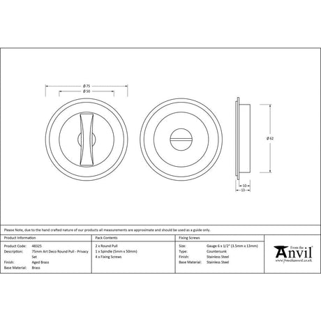 This is an image showing From The Anvil - Aged Brass 75mm Art Deco Round Pull - Privacy Set available from trade door handles, quick delivery and discounted prices