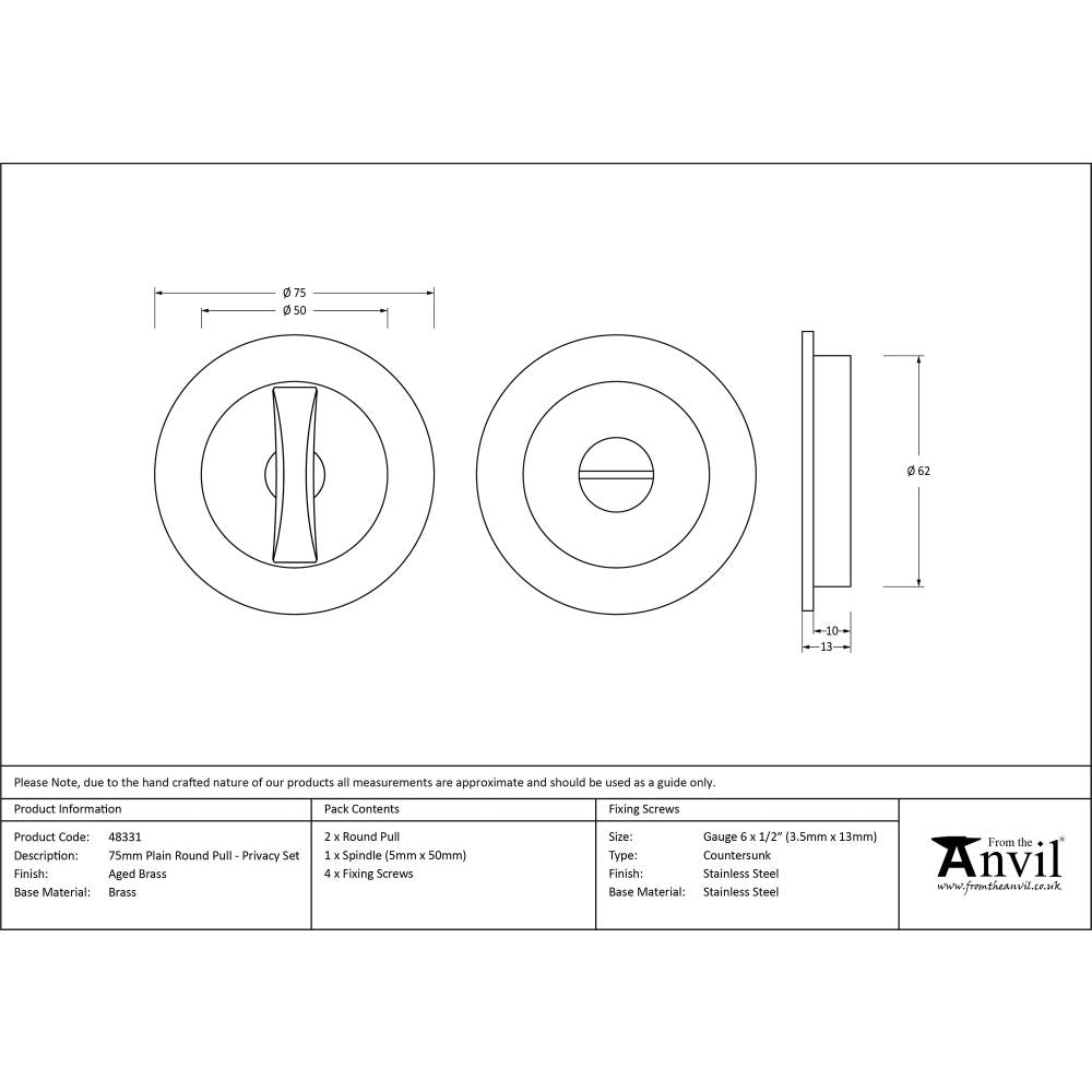 This is an image showing From The Anvil - Aged Brass 75mm Plain Round Pull - Privacy Set available from trade door handles, quick delivery and discounted prices